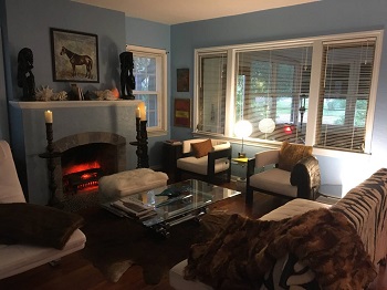 temporary housing living room with fireplace